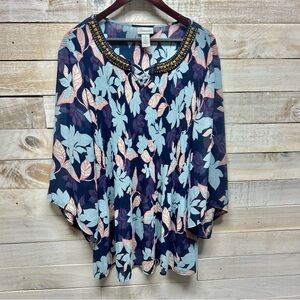 Catherines Top Womens 3X 26/28W Blue Floral Embellished 3/4 Sleeve Tunic Blouse‎